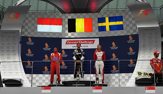Racing driver Florian Merckx is on top of the podium.