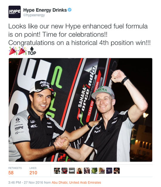 Sergio Perez and Nico Hülkenberg celebrate.