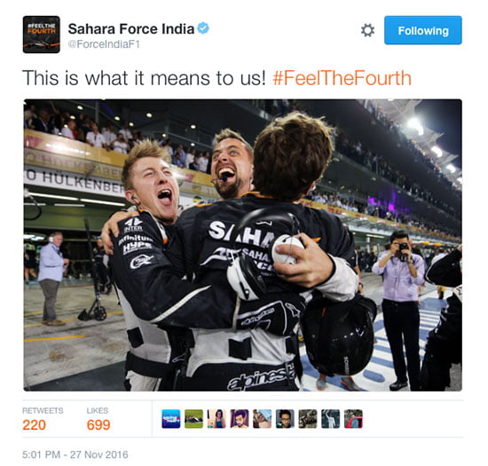 Sahara Force India F1 members celebrate.
