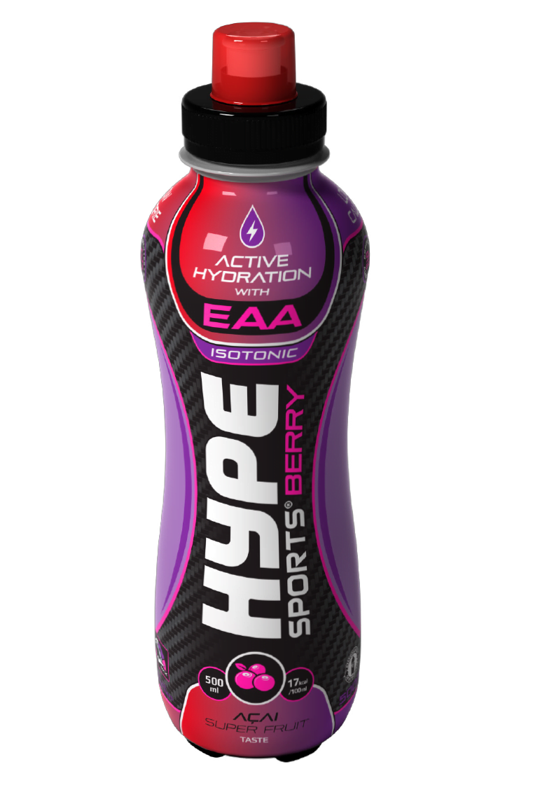 Hype’s sport drink “Berry Acai” in a PET bottle.