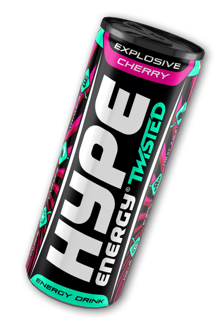 Hype’s energy drink cherry twisted flavoured, in a can.