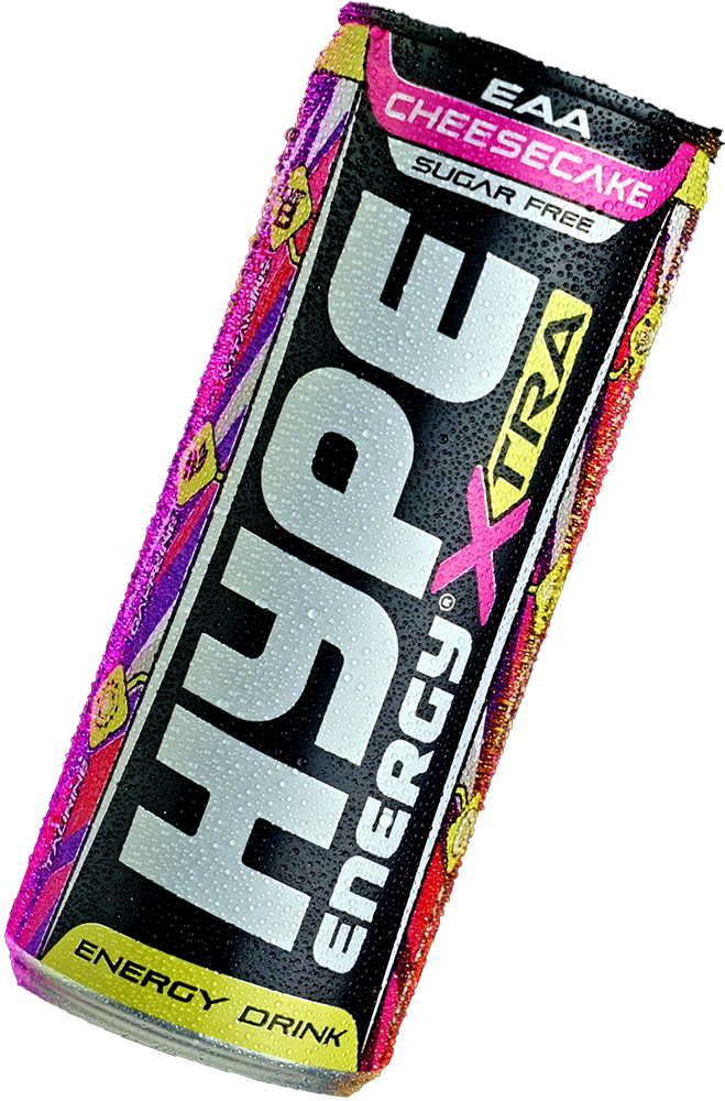 Hype’s energy drink Xtra with cheesecake flavour, in a can.