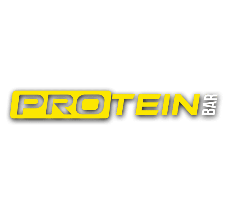 Protein bar logo with yellow colour of protein text with the rest in white.