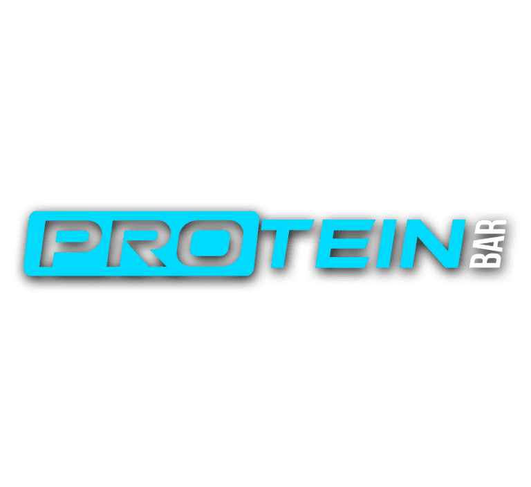 Protein bar logo with blue colour of protein text with the rest in white.