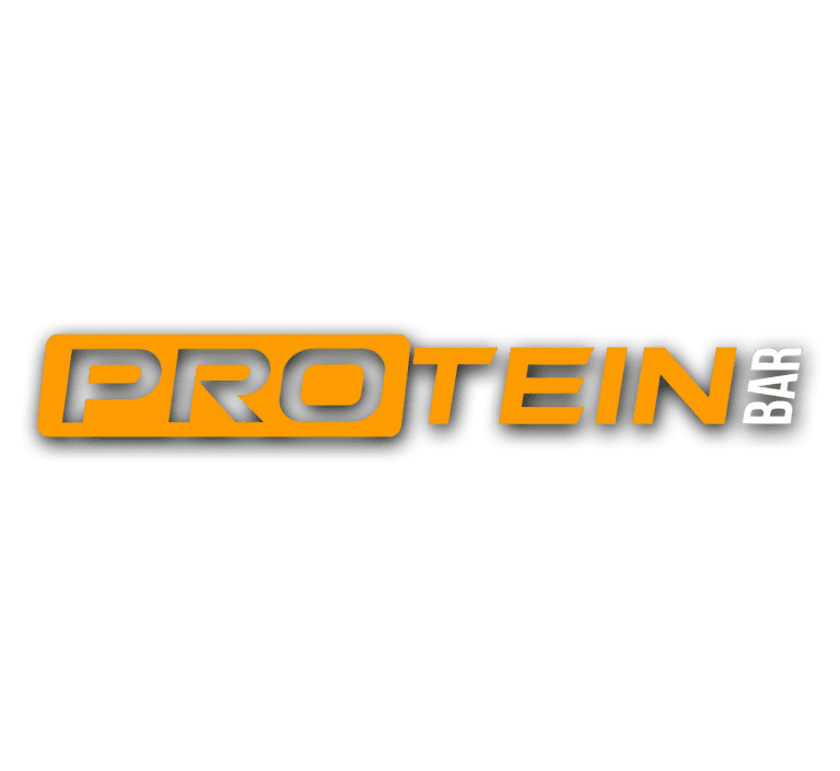 Protein bar logo with orange colour of protein text with the rest in white.