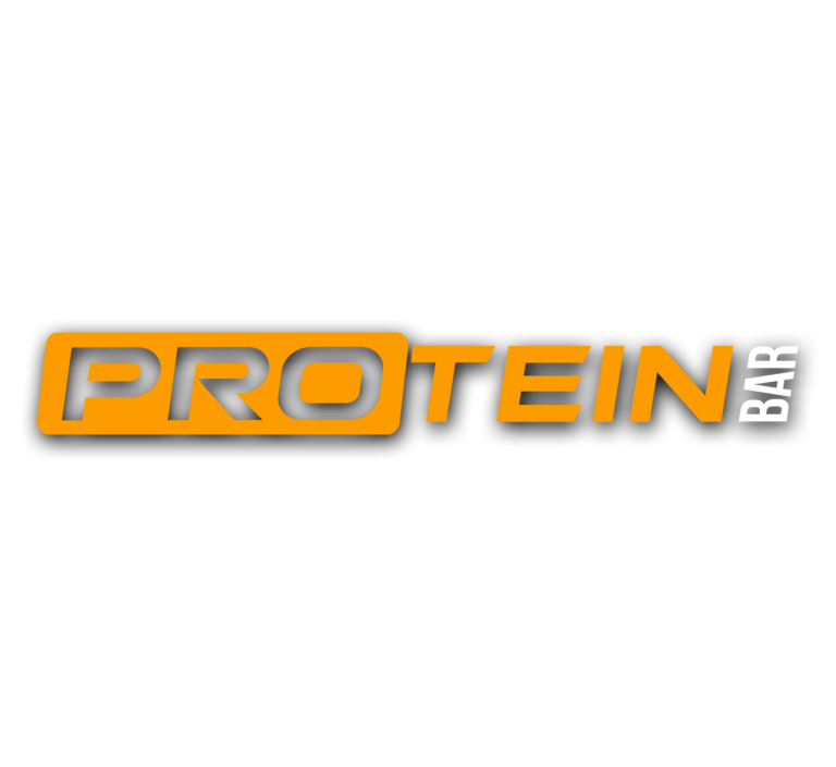 Protein bar logo with orange colour of protein text with the rest in white.