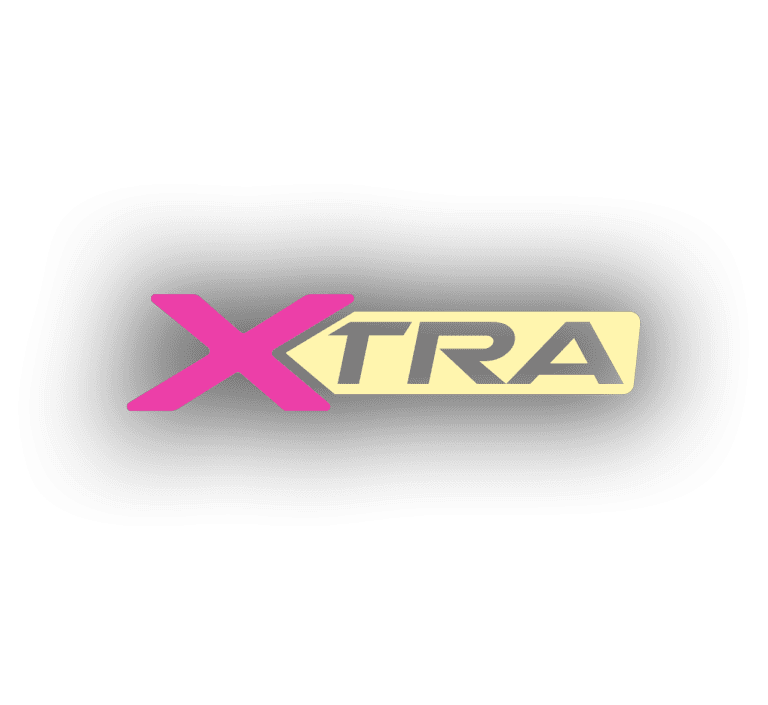 XTRA logo with magenta colour of X text with the rest on a gold background.