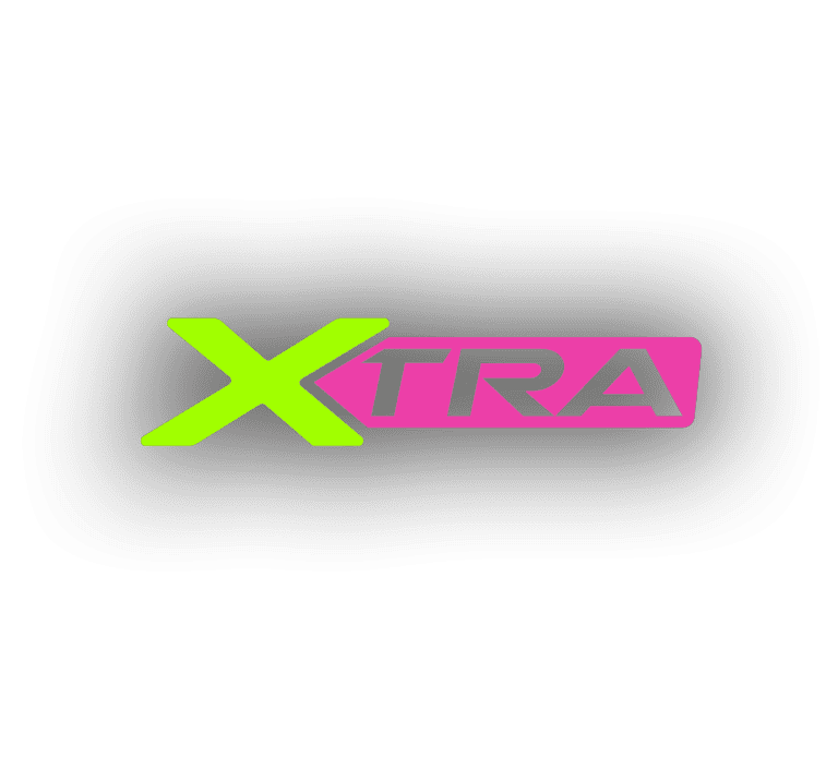 XTRA logo with light green colour of X text with the rest on a pink background.