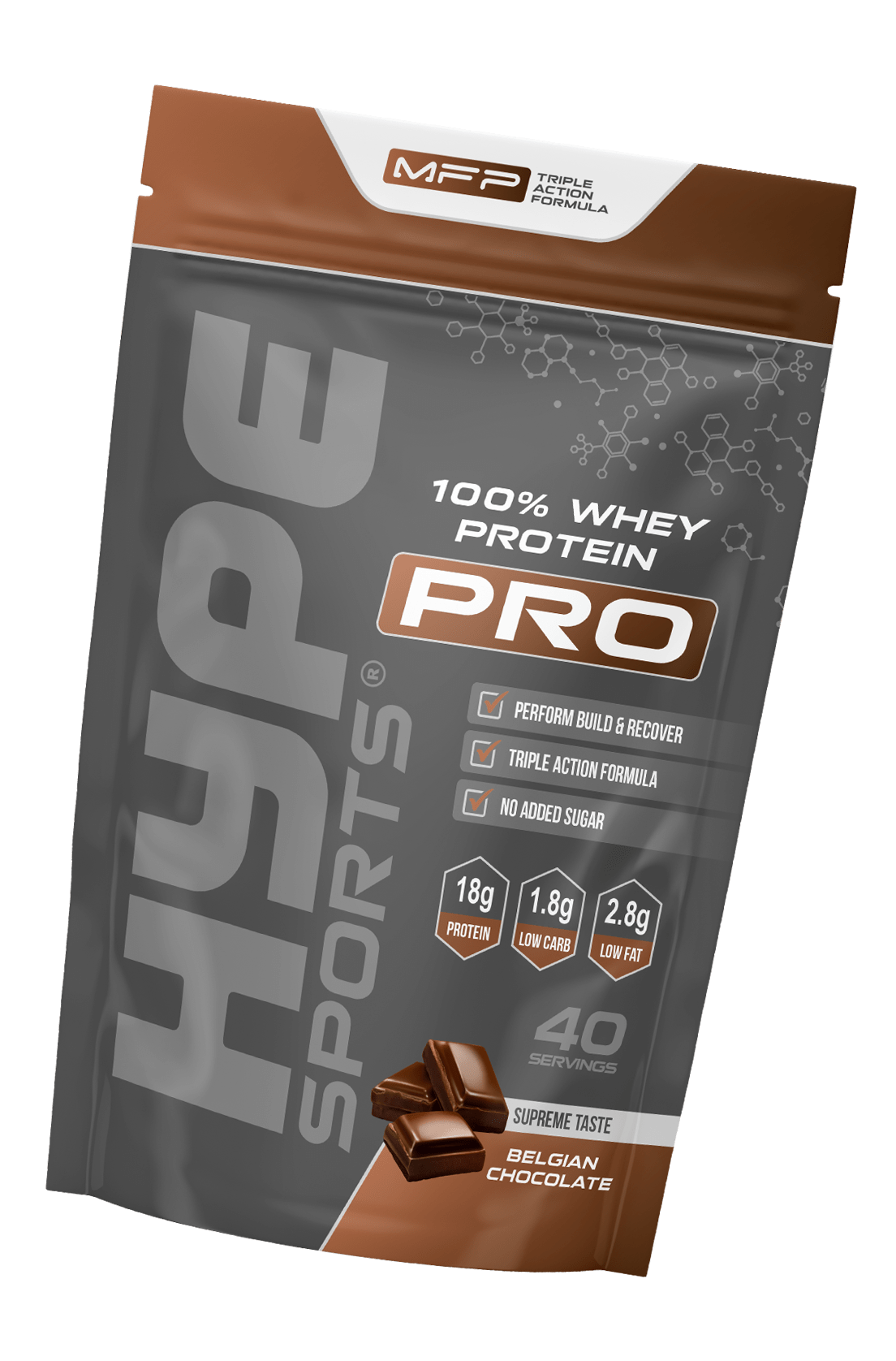Hype’s protein powder Pro chocolate crunch flavoured, in a bag.
