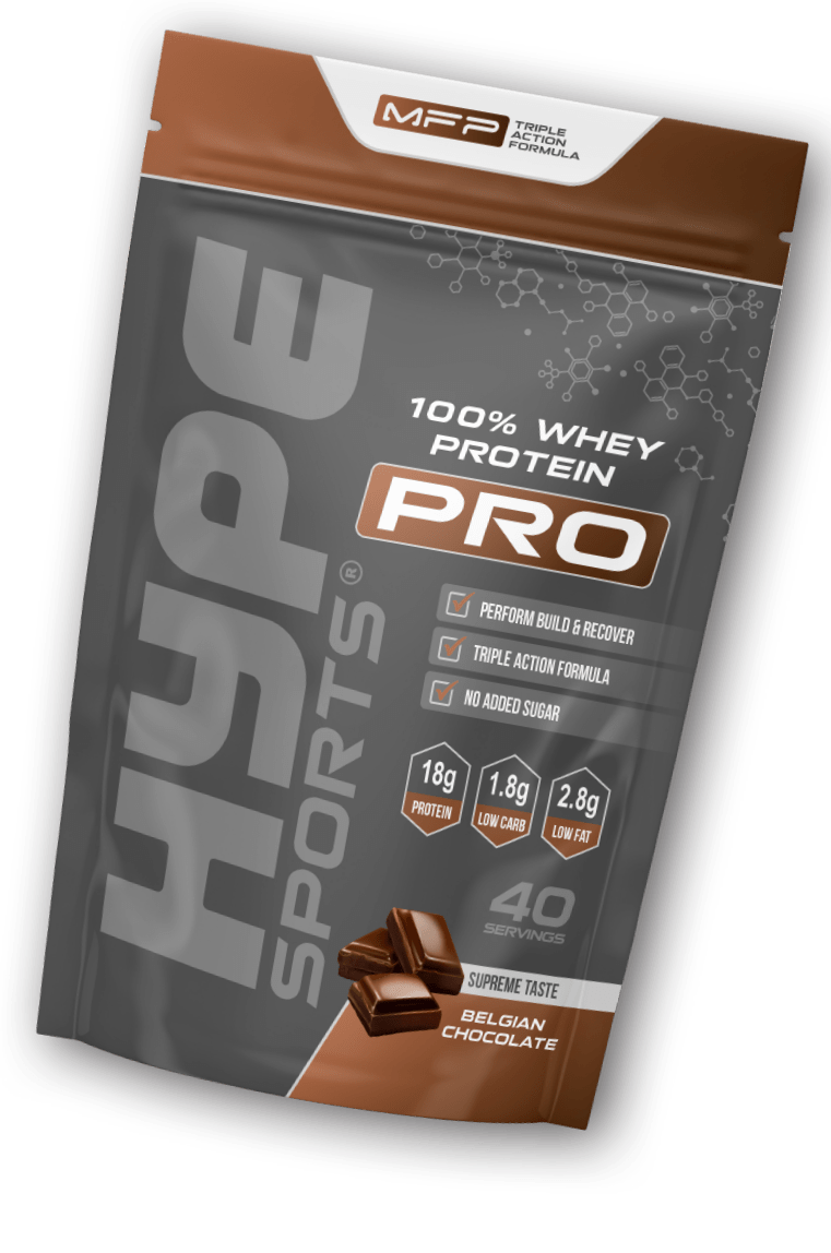 Hype’s protein powder Pro chocolate crunch flavoured, in a bag.