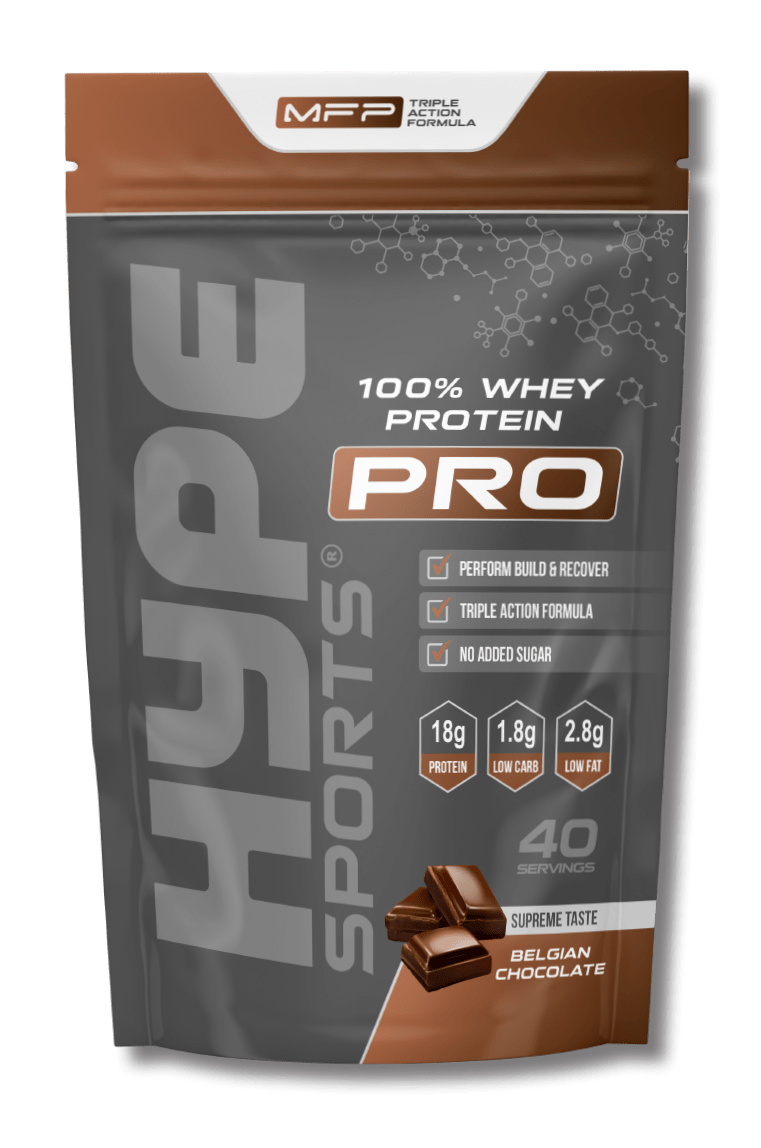 Hype’s protein powder Pro chocolate crunch flavoured, in a bag.