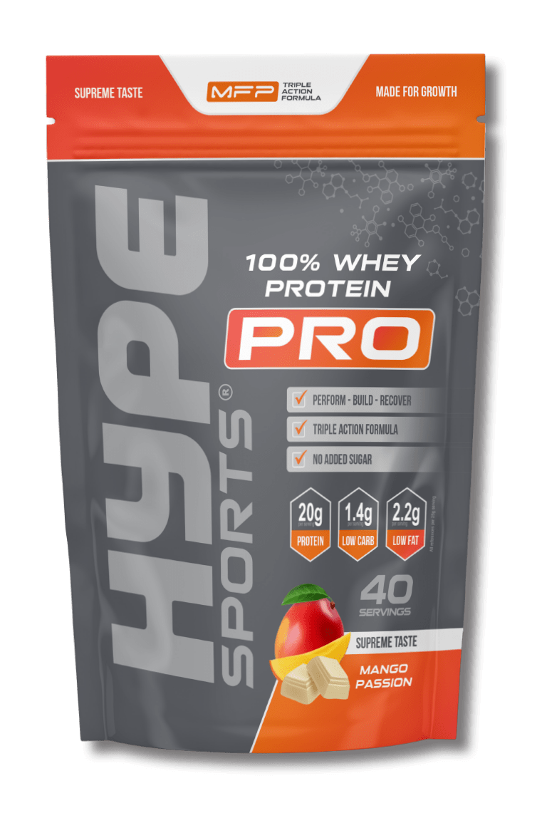 Hype’s protein powder Pro mango passion flavoured, in a bag.