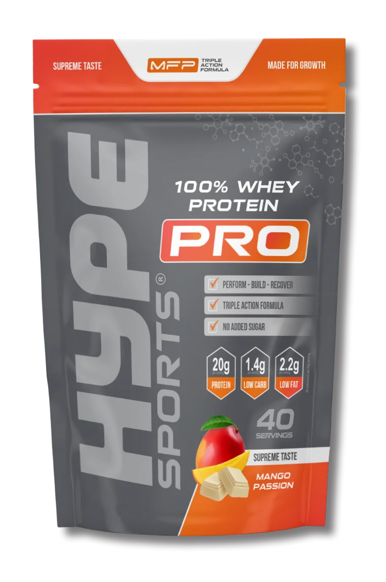 Hype’s protein powder Pro mango passion flavoured, in a bag.