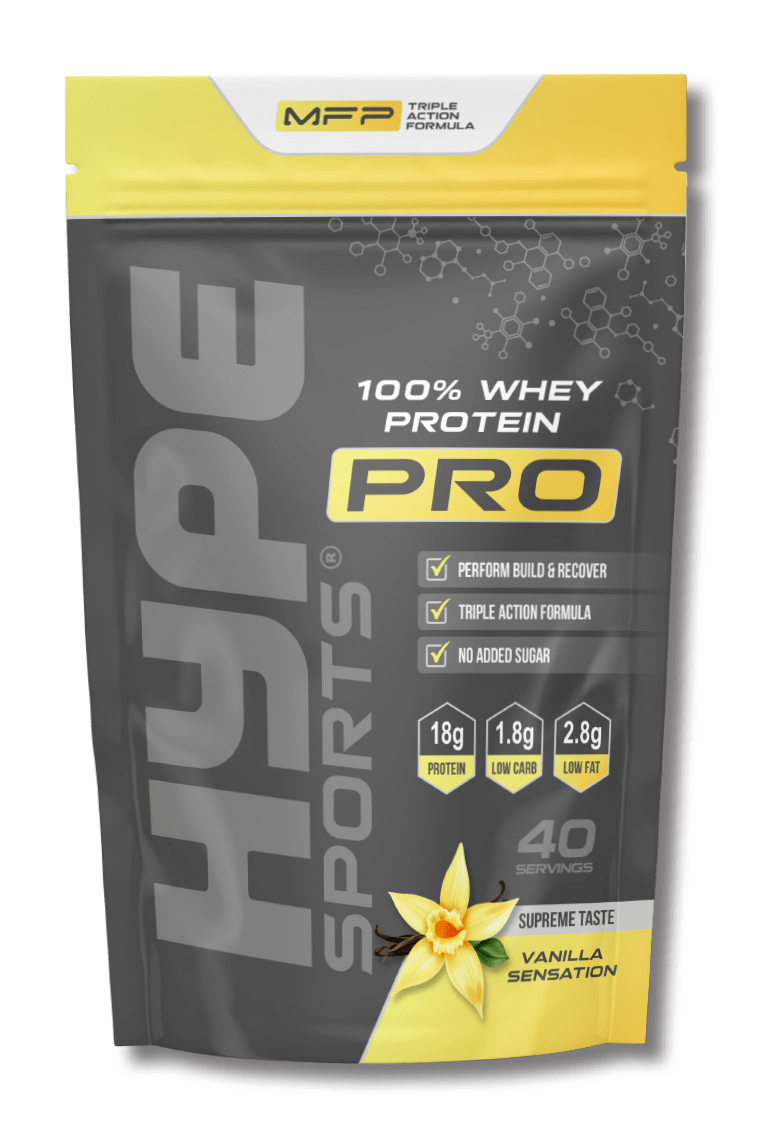 Hype’s protein powder Pro vanilla flavoured, in a bag.