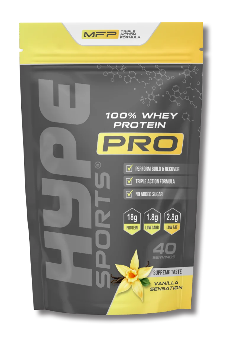 Hype’s protein powder Pro vanilla flavoured, in a bag.