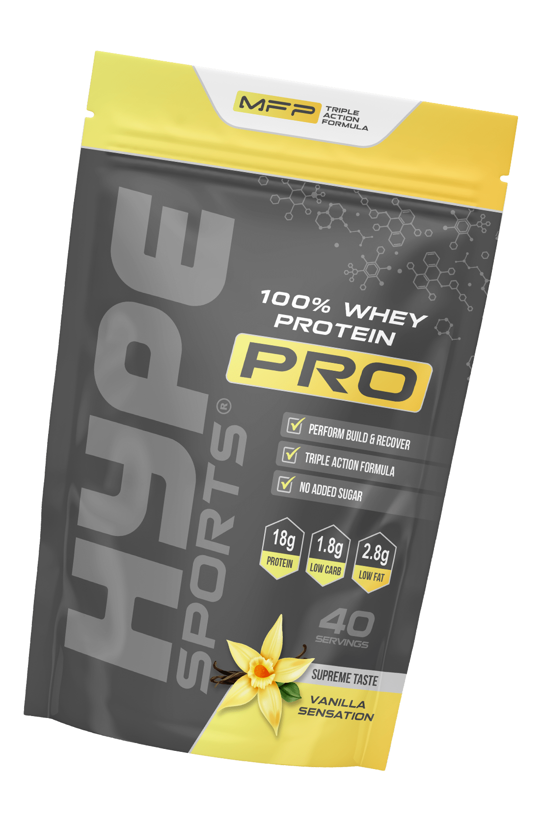Hype’s protein powder Pro vanilla flavoured, in a bag.