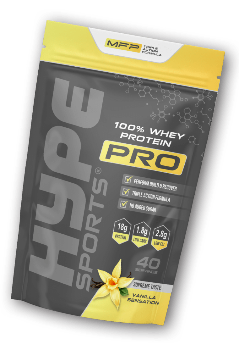 Hype’s protein powder Pro vanilla flavoured, in a bag.