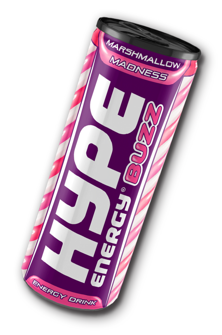 Hype’s energy drink berrylicious marshmallow flavoured, in a can.