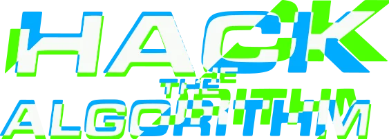 "Hack the algorithm" text in white, blue and green.