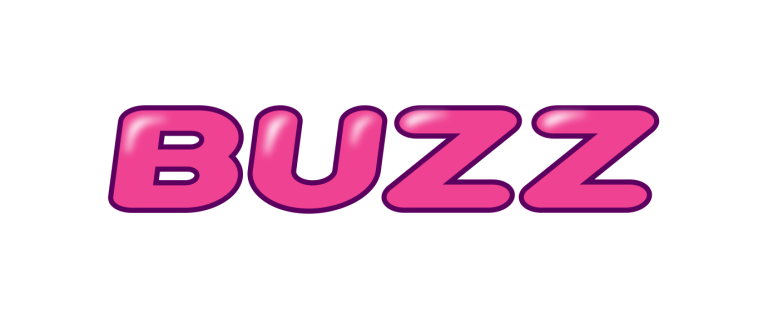 Buzz logo in pink text with purple and white border.