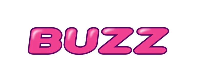 Buzz logo in pink text with purple and white border.