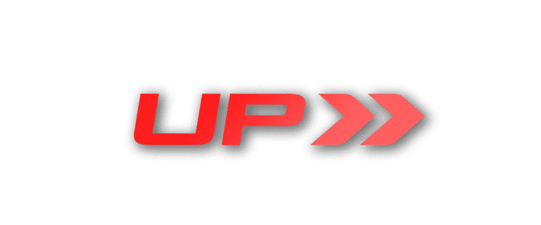 Up logo with right direction arrow in red.