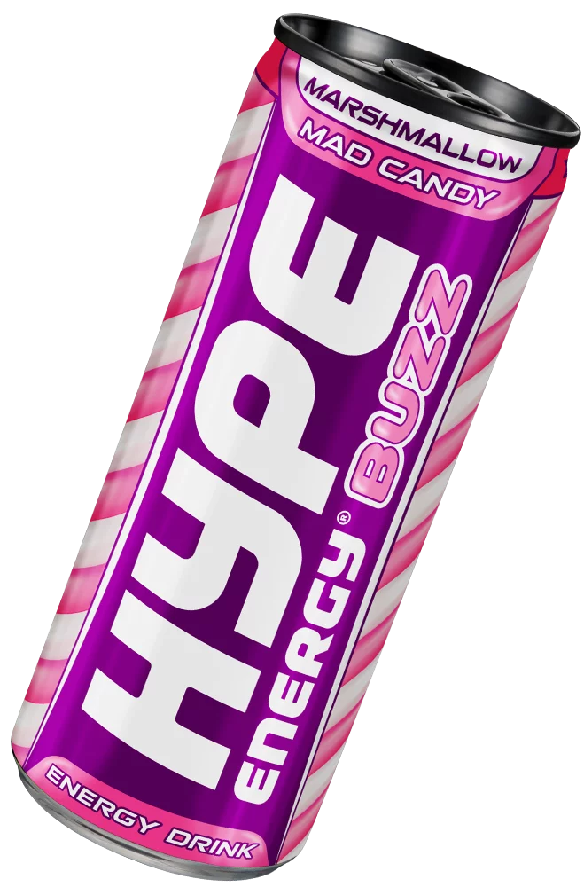 Hype’s energy drink berrylicious marshmallow flavoured, in a can.